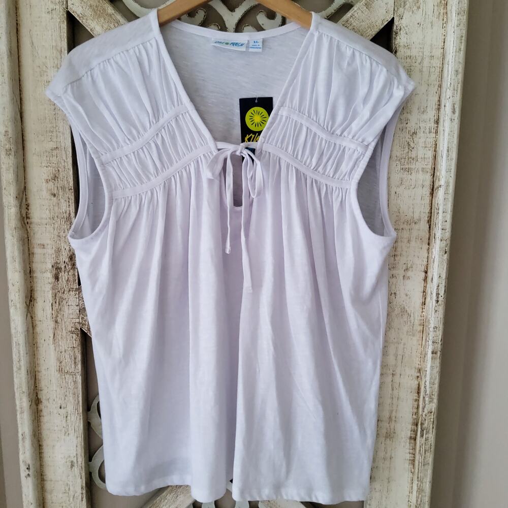 Kiwi Fresh White Ruched Tie Front Blouse XL Flowy Cottagecore Top